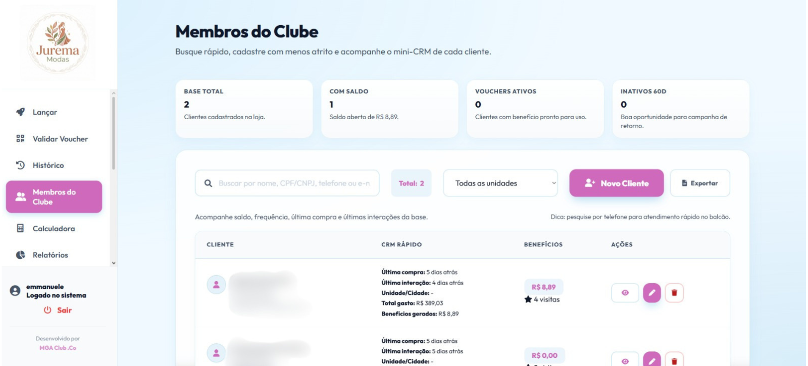Tela de membros do clube com dados do cliente